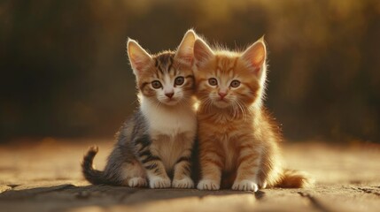 Adorable puppy and kitten cuddling together in soft lighting, showcasing their playful bond during a sunny afternoon