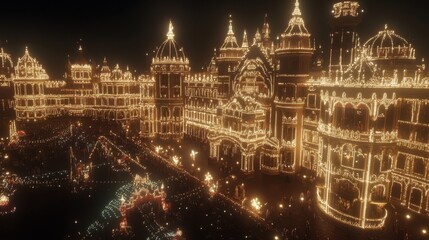 Obraz premium A panoramic view of the iconic Mysore Palace illuminated during the Dussehra festival, capturing its architectural grandeur and festive atmosphere