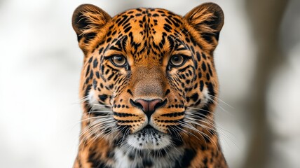 Obraz premium a close up of a leopard looking a camera on isolated white background