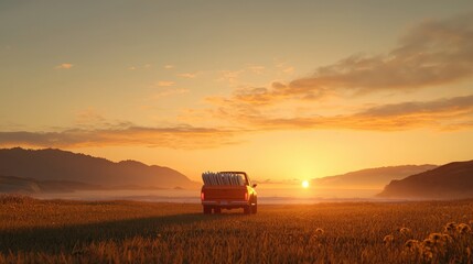 Sunset Beach Scene with Pickup Truck and Surfboards