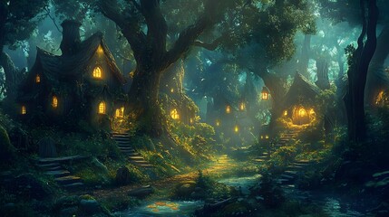Enchanting Treehouse Village in a Mystical Forest