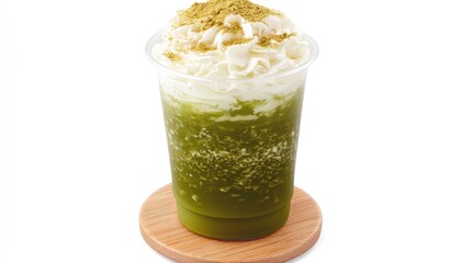 Delicious green tea beverage topped with whipped cream and matcha powder