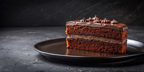Chocolate cake on black plate on background , dessert, sweet, indulgence, cake, chocolate, decadent
