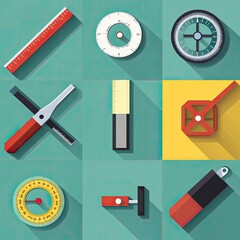 Collection of geometric tools on a teal background with shadows