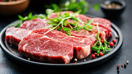 Fototapeta premium Gourmet Wagyu Beef on a Plate with Fresh Garnish