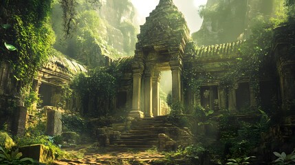Fototapeta premium Overgrown Ancient Temple Ruins with a Sunlit Stairway
