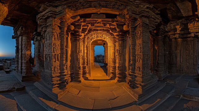 A panoramic view of the stunning Sun Temple in Konark at dawn, highlighting its architectural brilliance and the detailed carvings that tell ancient stories