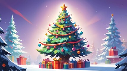 picture of a decorated Christmas tree in cartoon style on a white background