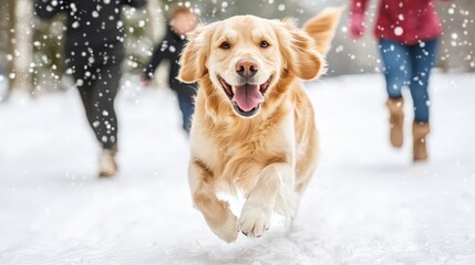 Happy Golden Retriever Running in Snowy Winter Park with Family