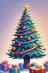 picture of a decorated Christmas tree in cartoon style on a white background