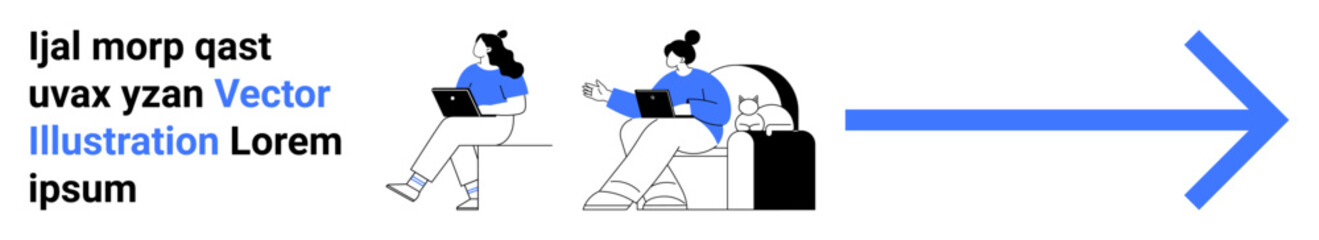 People using laptops, sitting and working in a cozy environment with coffee, cat, and modern furniture. Large blue arrow signifies progress. Ideal for teamwork, technology, productivity, remote work