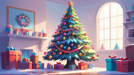 picture of a decorated Christmas tree in cartoon style on a white background