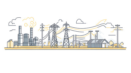 Industrial Power Plant and Transmission Lines Illustration on white and transparent background. PNG