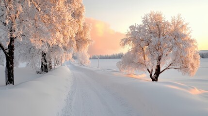 Snowy Trail with Frost-Laden Trees at Sunrise