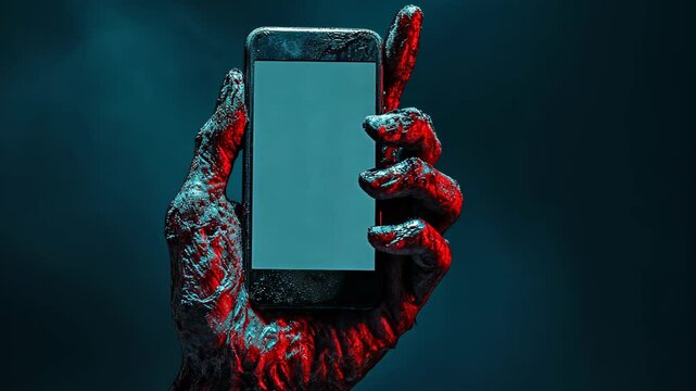 A skeletal hand holds a smartphone with a blank screen, its red, decaying fingers gripping the device tightly