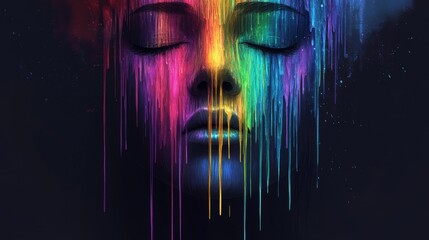 Minimalist Half-Digital AI Face with Vibrant Data Streams Dripping Like Colorful Paint on Dark Background, Emphasizing Modern Technology and Innovation