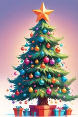picture of a decorated Christmas tree in cartoon style on a white background