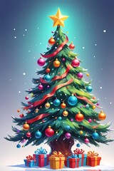 picture of a decorated Christmas tree in cartoon style on a white background