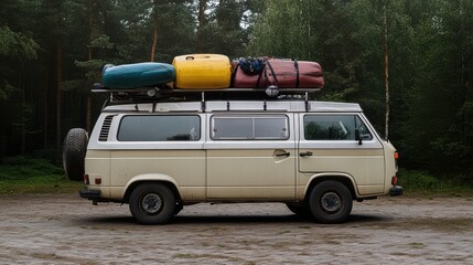 A camper van ready for adventure with gear atop, set against a backdrop of tall trees, embodies freedom, exploration, and the allure of the road.