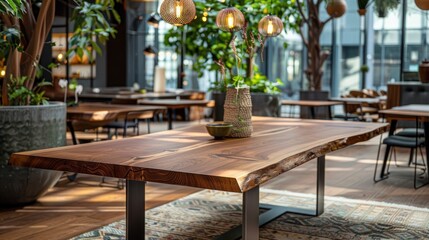 Obraz premium Live Edge Table in a Modern Cafe