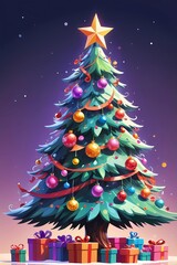 picture of a decorated Christmas tree in cartoon style on a white background