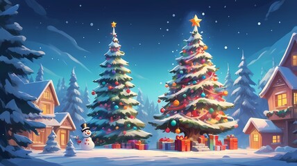 picture of a decorated Christmas tree in cartoon style on a white background