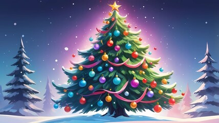picture of a decorated Christmas tree in cartoon style on a white background