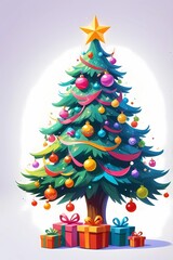 picture of a decorated Christmas tree in cartoon style on a white background