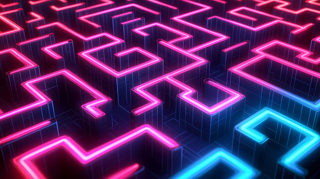 digital marketing strategies visualized as a complex maze of neon light paths. Neon. Illustration
