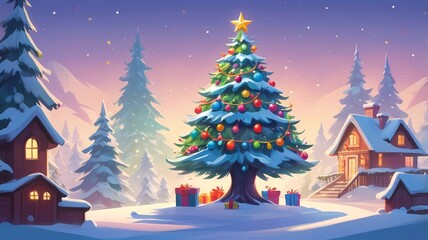 picture of a decorated Christmas tree in cartoon style on a white background