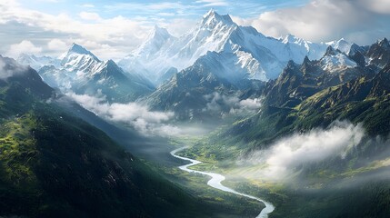 Naklejka premium Majestic Snow-Capped Mountains with a Winding River Valley