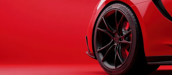 Close-up of a stylish car wheel against a vibrant red background.