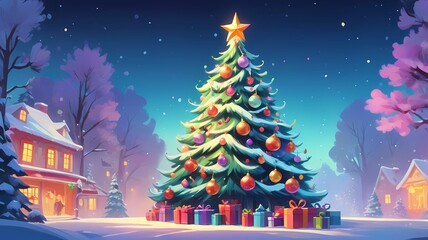 picture of a decorated Christmas tree in cartoon style on a white background