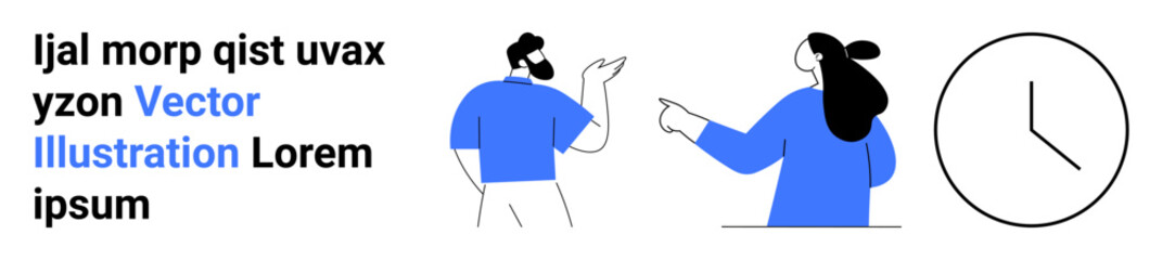 Two people engaging in a conversation, pointing towards clock. One person is in mid-gesture, the other pointing. Ideal for collaboration, scheduling, meeting, time management, teamwork, business