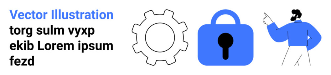 Gear icon, blue lock symbol, and character pointing at text. Ideal for teamwork, collaboration, data security, privacy, software development, IT services, digital transformation. Banner for landing