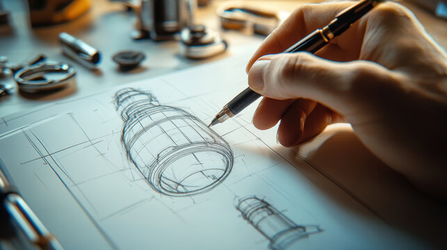 Engineer sketching a detailed technical drawing of a complex cylindrical object on paper with close-up hands and pen. Concept of innovation, creativity and invention