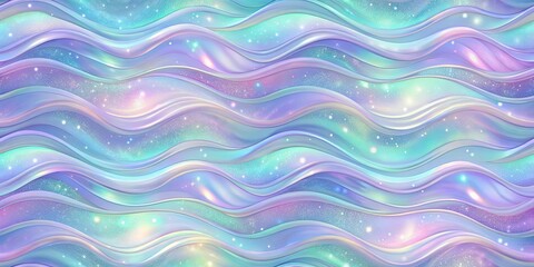Serene and ethereal waves of iridescent light dance against a celestial backdrop, each curve reflecting a subtle shimmer of stardust.