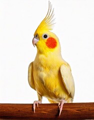 Yellow cockatiel parrot on a branch in white background