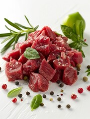Juicy strips of fresh meat garnished with herbs and colorful pepper on a clean white background. - ai