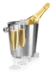Champagne and bucket with ice isolated on white