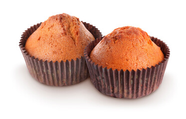Tasty muffins in cupcake liners isolated on white