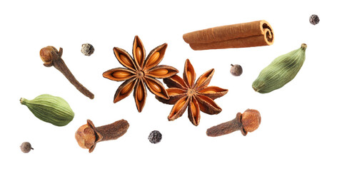 Cloves, cinnamon, anise, cardamom and mix of peppers in air on white background. Set of aromatic spices