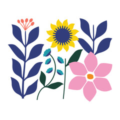 A set of fun flower and nature design elements. Flat hand drawn vector collection