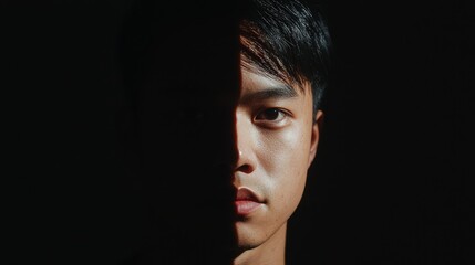 Fototapeta premium Duality of Virtue and Vice: Portrait Split Between Light and Shadows, Symbolizing Inner Conflict