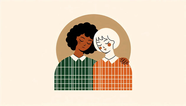 Illustration of diverse couple of interracial women hugging and showing their emotional connection, LGBTQ diversity multicultural interracial intergender