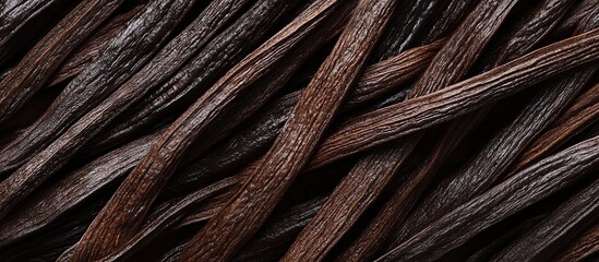 Close-up of intertwined vanilla bean pods showcasing texture and color.