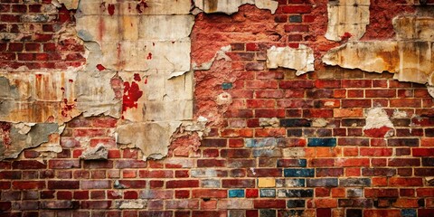 A weathered brick wall reveals layers of time, with patches of peeling plaster revealing the history beneath, a testament to the enduring strength of brick and mortar.