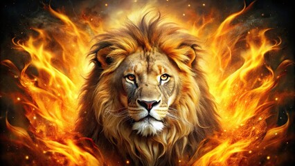 Naklejka premium Majestic lion surrounded by fiery, golden flames, radiating power and mystique, lion, majestic, fiery, golden, flames, powerful
