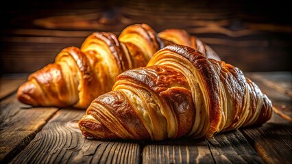Golden Flaky Croissants Resting on a Rustic Wooden Table, a Delightful Symphony of Texture and Taste