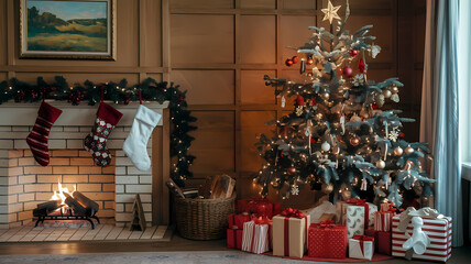 Cozy holiday living room with a beautifully decorated Christmas tree, stockings hung by the fireplace, and wrapped gifts, creating a warm festive atmosphere.
